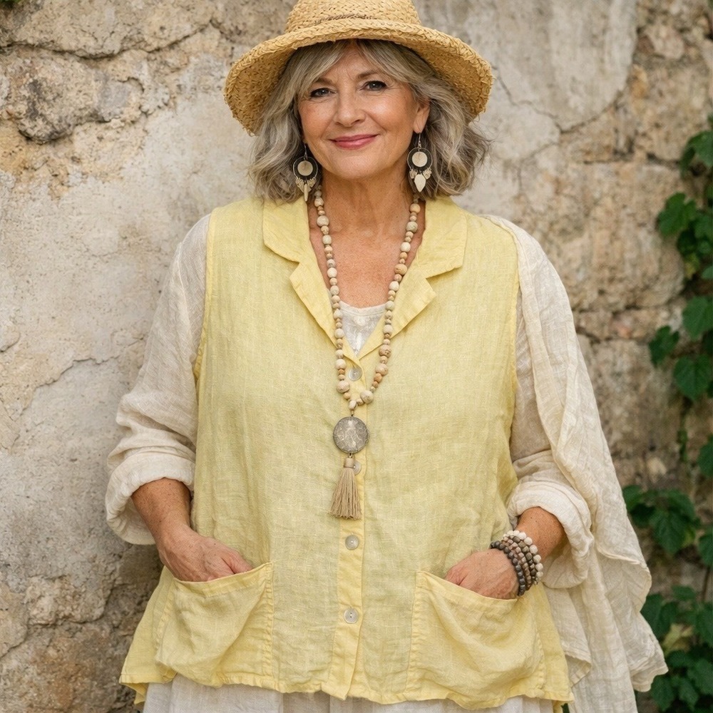 Flax Linen Tunic Top Women S Button Collar Pockets Yellow Quiet Luxury Lagenlook